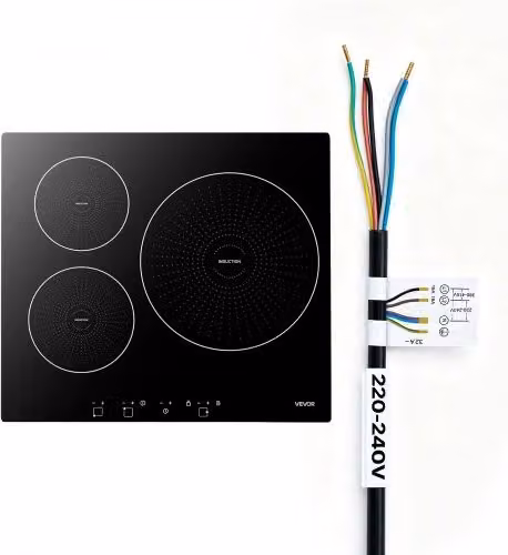 Piano Cottura a Induzione VEVOR da Incasso con 3 Bruciatori, Superficie in Vetroceramica Nera, 6200 W, Schermo LED a Tocco, Timer e Blocco di Sicurezza per Bambini