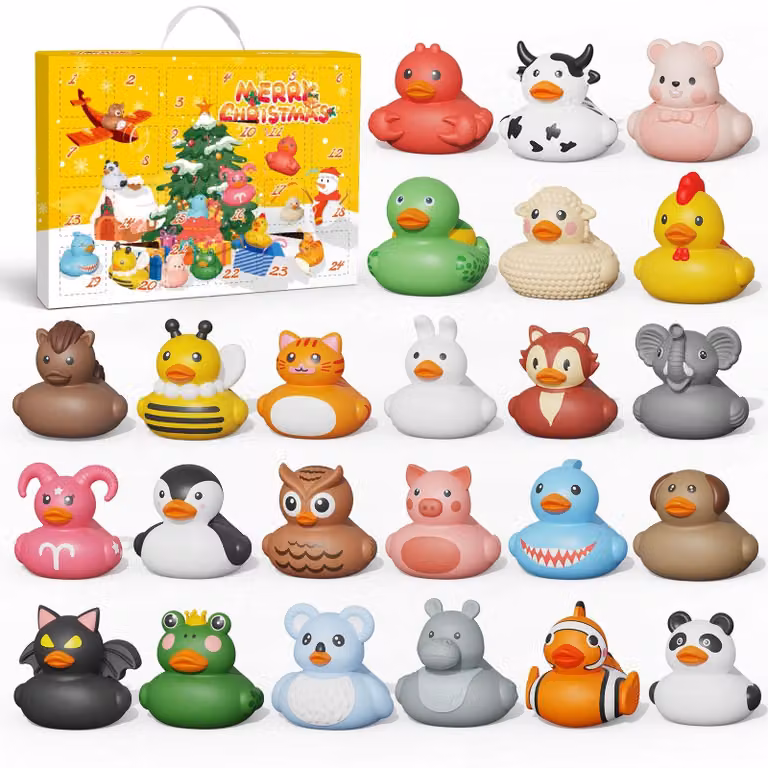 Calendario dell'Avvento con omini di gomma a forma di anatra per bambini