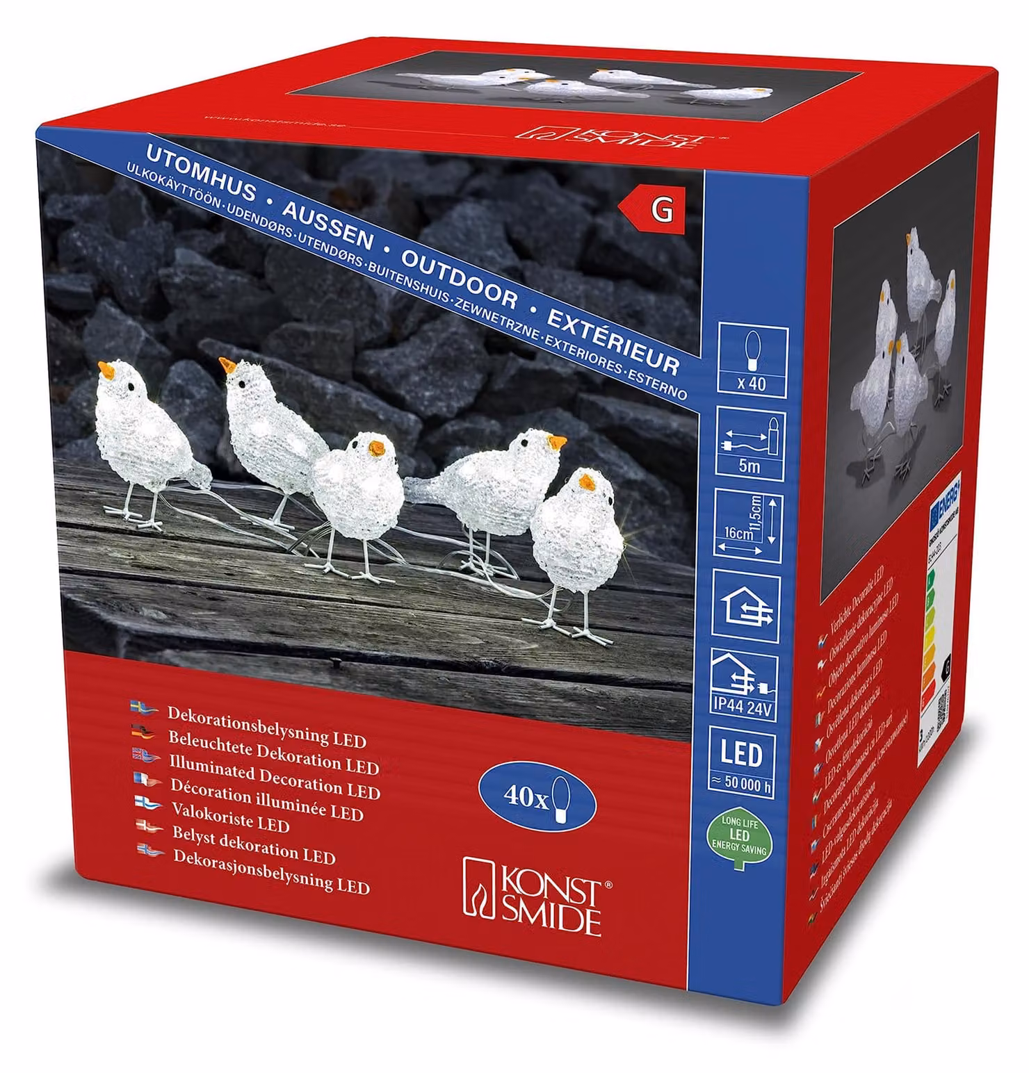 Set di 5 uccelli decorativi in acrilico con luci LED, grado di protezione IP44, 40 diodi LED, luce bianca fredda, dimensioni 115x115 cm