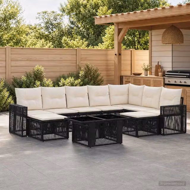 Set Divano da Giardino 10 pz Nero e Bianco Crema polyrattan 3436879