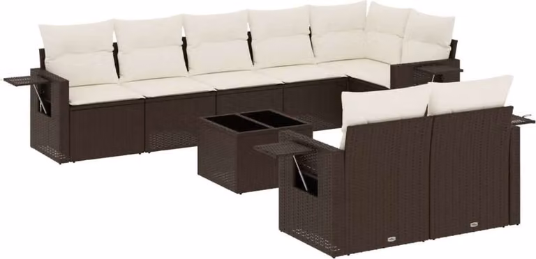 Set Divani da Giardino 9pz con Cuscini Marrone in Polyrattan