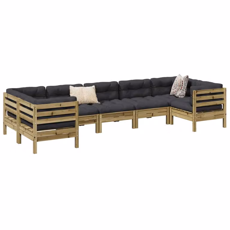Set di divani da giardino vidaXL a forma di L composto da 7 pezzi in legno di pino trattato con cuscini imbottiti in stile rustico nei colori antracite, marrone e grigio
