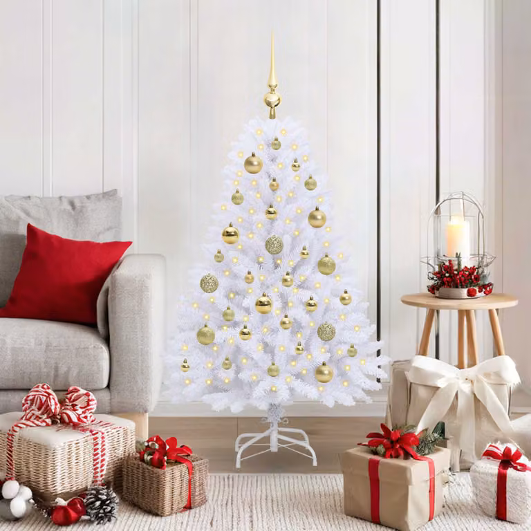 Albero di Natale Artificiale Moderno vidaXL con LED e Rami Pieghevoli in PVC e Metallo, Bianco, Altezza: 120 cm