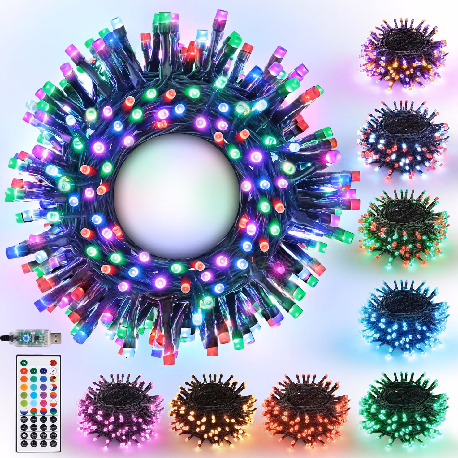 Catena luminosa a LED, 10 metri, 100 LED RGB, alimentazione USB, con telecomando e timer