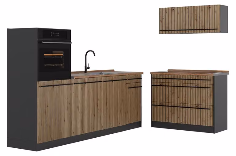 Cucina componibile Vicco R-Line Rovere artigianale/Antracite 220 cm piano di lavoro Rovere dorato, Model 67414