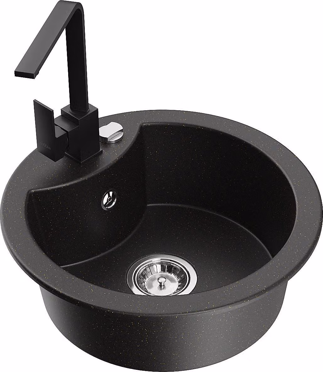 Mexen Diego lavello in granito a 1 vasca con rubinetto da cucina Rita, nero/oro metallizzato - 6512-75-670300-70