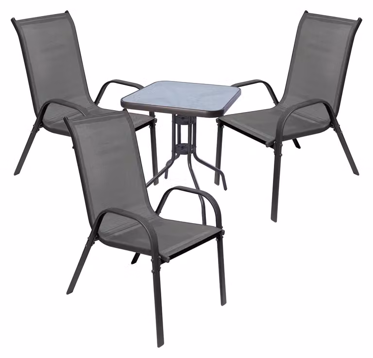 Set da balcone Bistro da 4 pezzi: tavolo + 3 sedie impilabili
