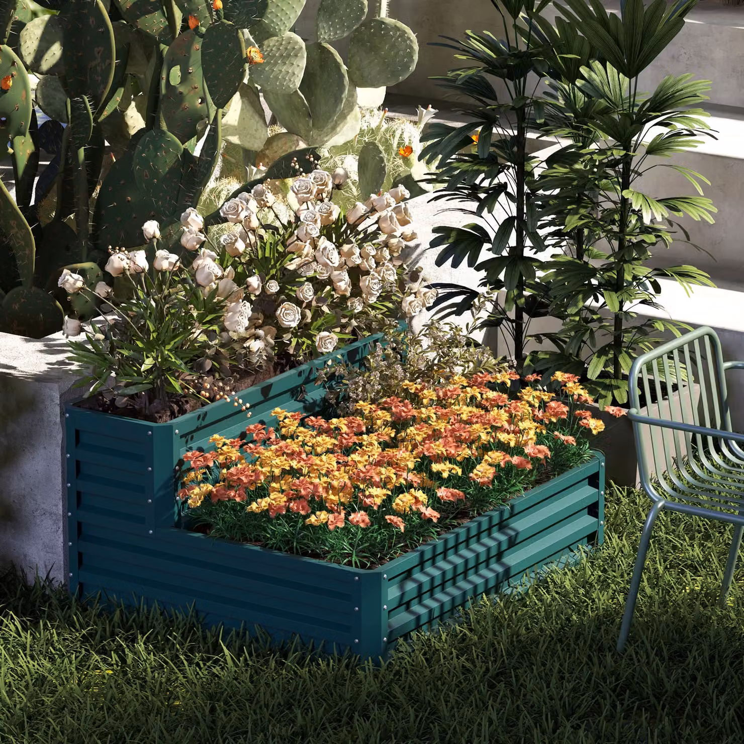 Letto rialzato da giardino Outsunny a 2 livelli per ortaggi e fiori, verde, L: 120 cm, P: 101 cm, H: 58 cm – 2