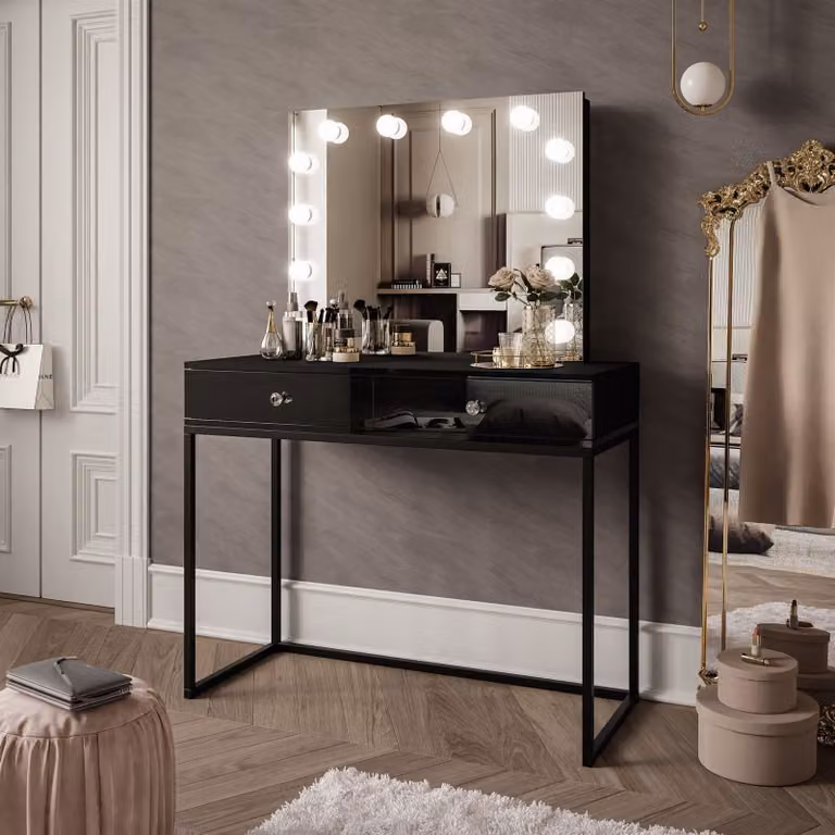 Tavolo da trucco BLANCO LOFT ELITE con specchio e illuminazione Nero / Nero lucido Maniglia in cristallo bianco
