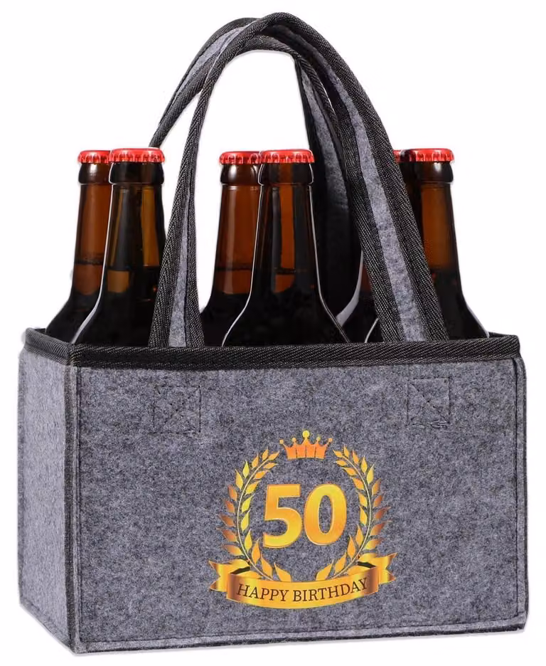 Portabottiglie in feltro grigio, pieghevole, per 6 bottiglie, con divisori, ideale come regalo per il 50° compleanno