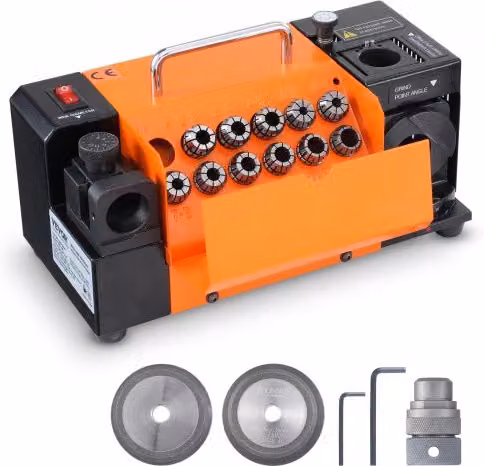 Affilatrice per punte da trapano VEVOR arancione con mola CBN e SDC, regolabile da 3 a 13 mm con angolo di scarico da 95° a 135° e 11 pinze di serraggio