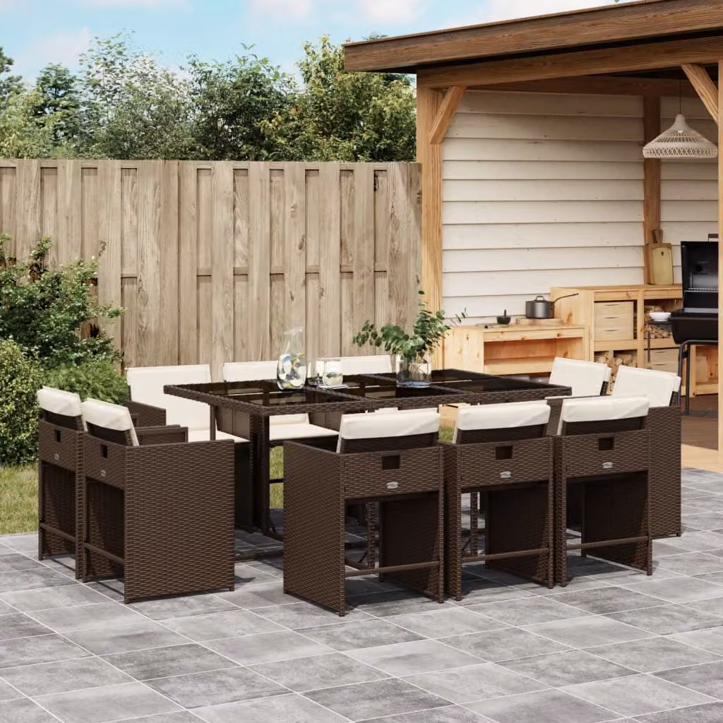vidaXL Set da Pranzo da Giardino 11 pz in Polyrattan Marrone con Piano in Vetro e Cuscini – 1