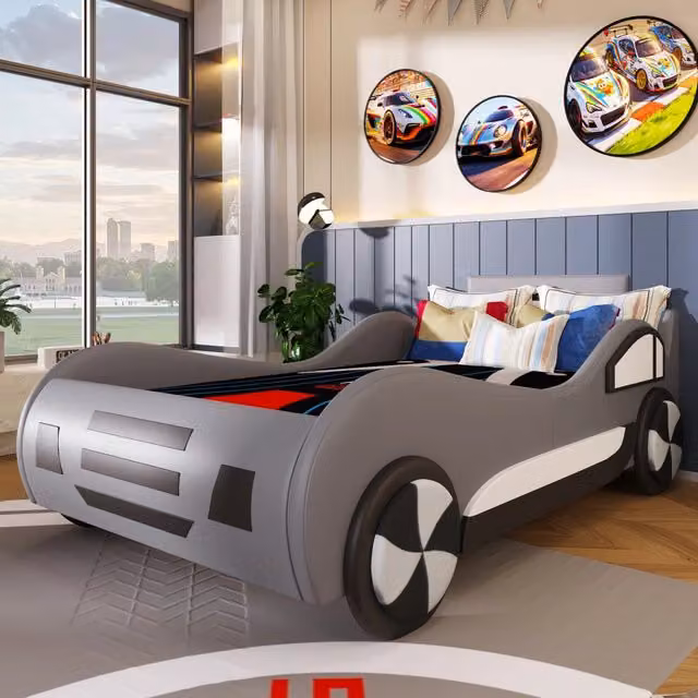 Letto contenitore per bambini Mivray a forma di auto grigio con vano ad apertura idraulica e rete a doghe L/P/H: 214 x 90 x 102 cm