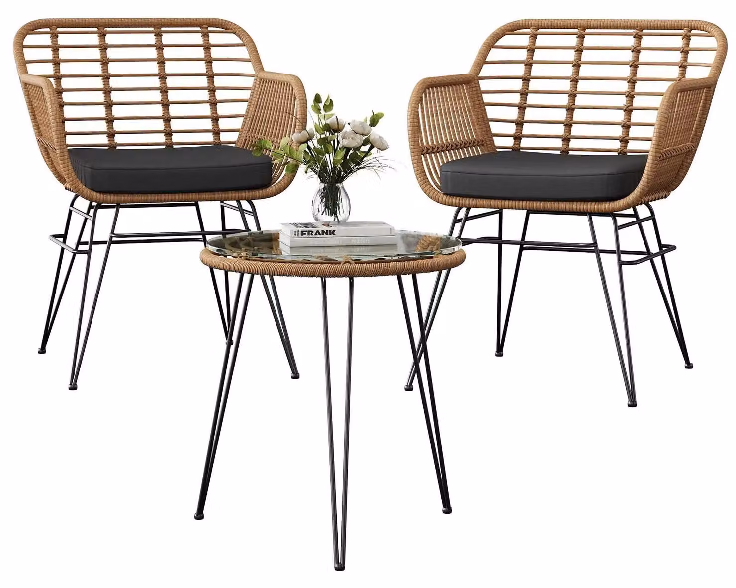 Set da esterno in rattan per bistro - Set di mobili da giardino composto da 3 pezzi - 2 poltrone + tavolino in vetro - Struttura in metallo - Cuscini resistenti all'acqua - Ideale per balcone, terrazza e giardino - Colore marrone