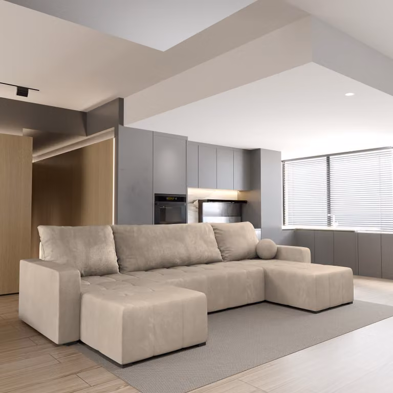 Divano angolare Masseno TOLARI con funzione letto a U, divano con box letto, divano da soggiorno, divano, divano letto, set di divani - beige, PAROS 02
