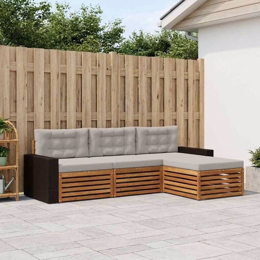 Set di divani da esterno vidaXL 4 pezzi in legno di acacia con cuscini, forma a L, colori beige, grigio e marrone