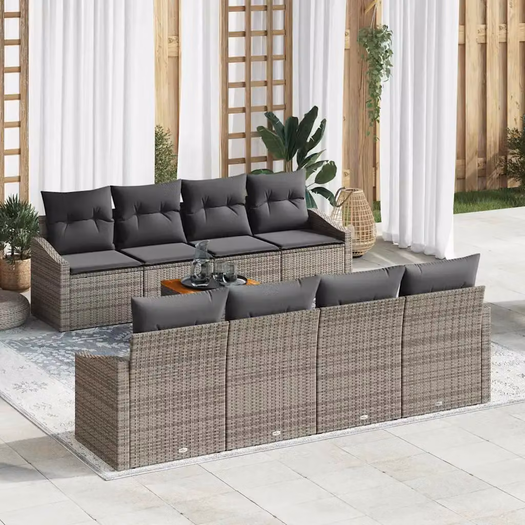 Set Divano da Giardino vidaXL 9 Pezzi Grigio con Poltrone, Divani e Tavolino in Polyrattan e Acciaio – 1