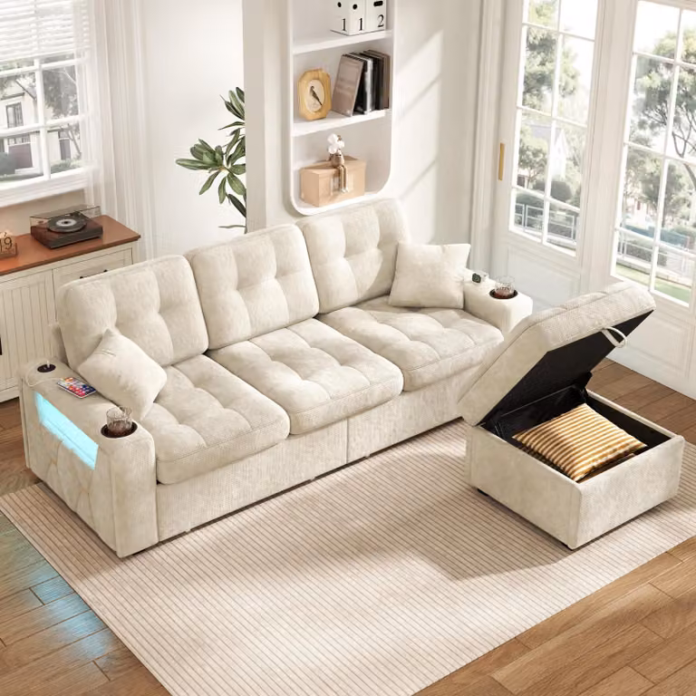 Divano modulare multifunzionale in chenille, divano a 3 posti imbottito con porta USB-C, luci LED, portabicchieri e spazio contenitivo, divano angolare moderno, color beige