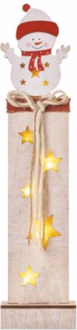 Decorazione natalizia in legno a forma di pupazzo di neve, con 7 LED, per interni, luce bianco caldo, dimensioni 11x5x46 cm