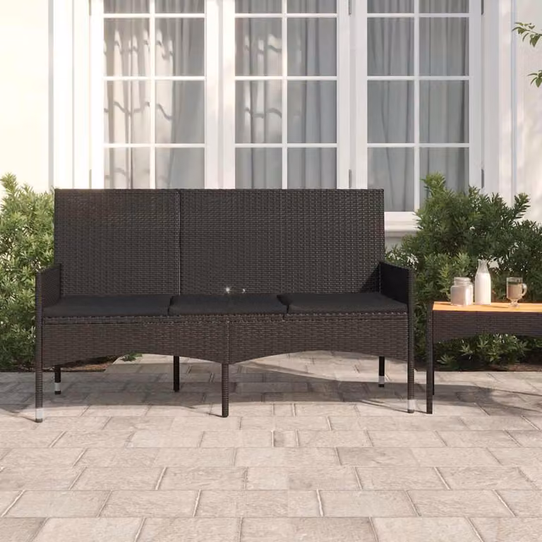vidaXL Panca da Giardino a 3 Posti in Polyrattan e Metallo con Cuscini in Tessuto, Colore Nero