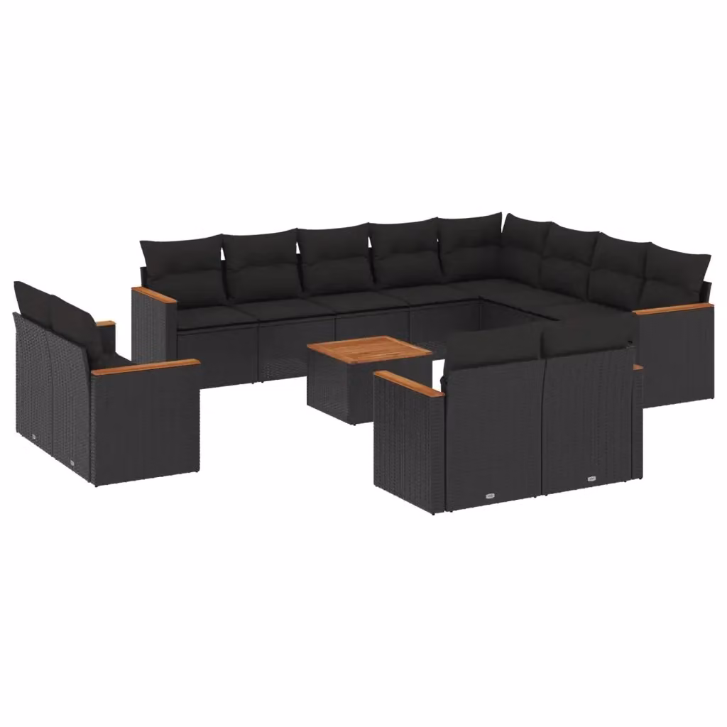 Set di divani da giardino vidaXL a forma di U composto da 13 pezzi con cuscini e tavolino da caffè, in polyrattan nero con struttura in legno di acacia e imbottitura rimovibile – 2