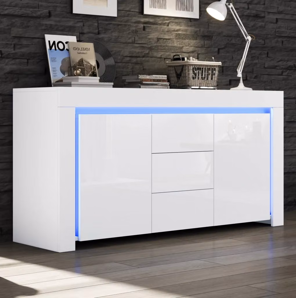 Sideboard moderno MODFU bianco lucido in MDF con illuminazione LED integrata L/P/H: 140 x 40 x 65 cm – 2