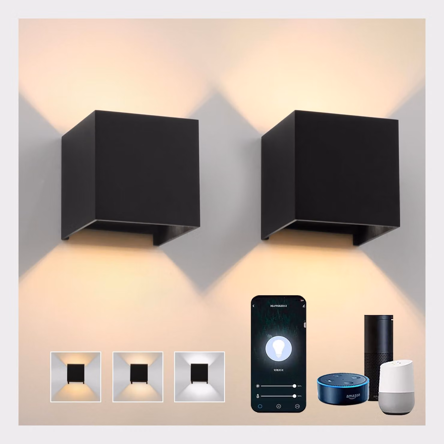 Set di 2 applique LED con controllo Alexa, dimmerabili, 14W, grado di protezione IP65, colore nero