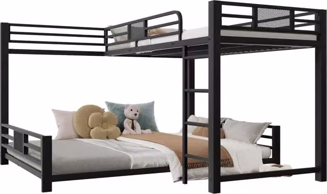 Letto a castello angolare salvaspazio in metallo nero 90x200 e 140x200