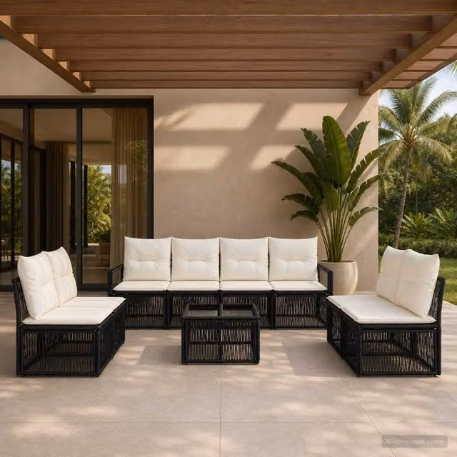 Set Divano da Giardino a Forma di U vidaXL in Polyrattan Nero con Tavolino e Cuscini Imbottiti – 1