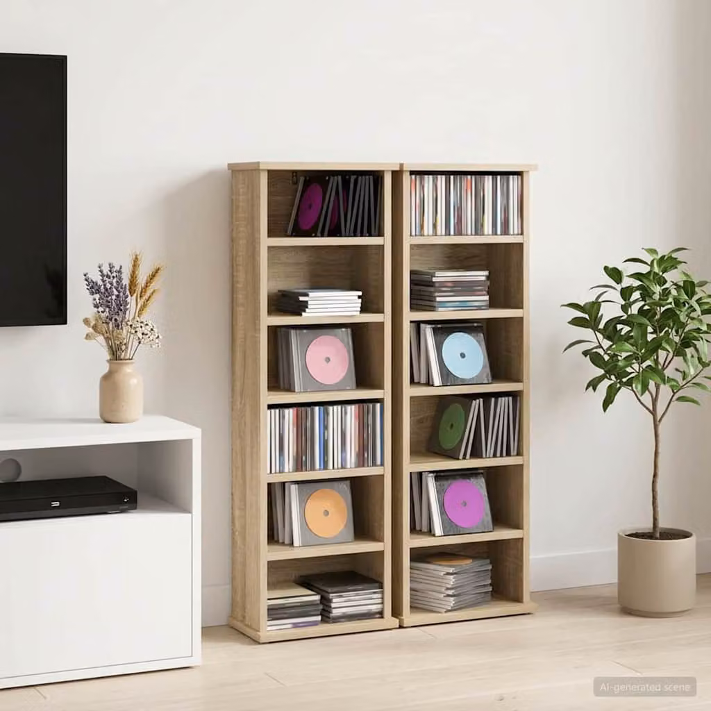 Set di 2 mobili per CD vidaXL in Rovere Sonoma con ripiani regolabili, L 60 cm x P 17 cm x H 92 cm