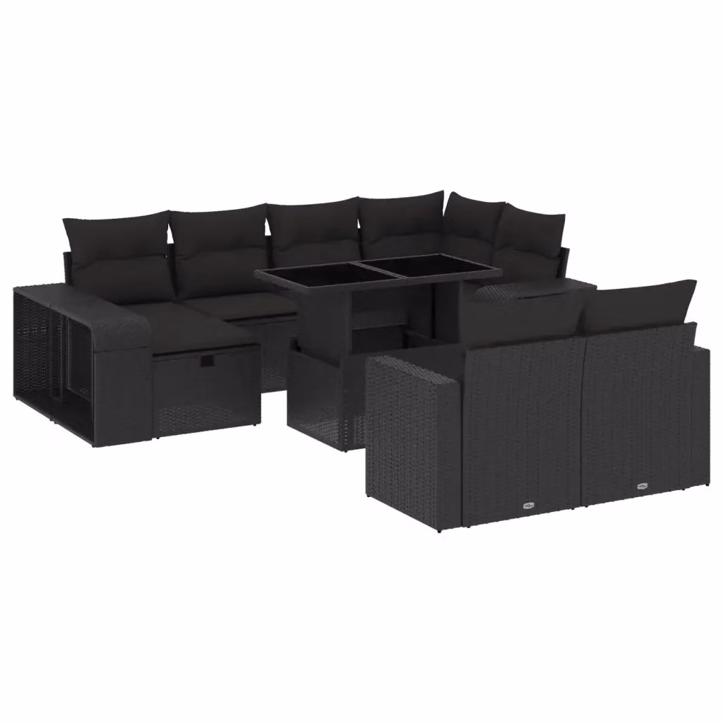 vidaXL Set Divani da Giardino 11 pz a Forma a L in Polyrattan Nero con Cuscini Imbottiti e Tavolino – 2