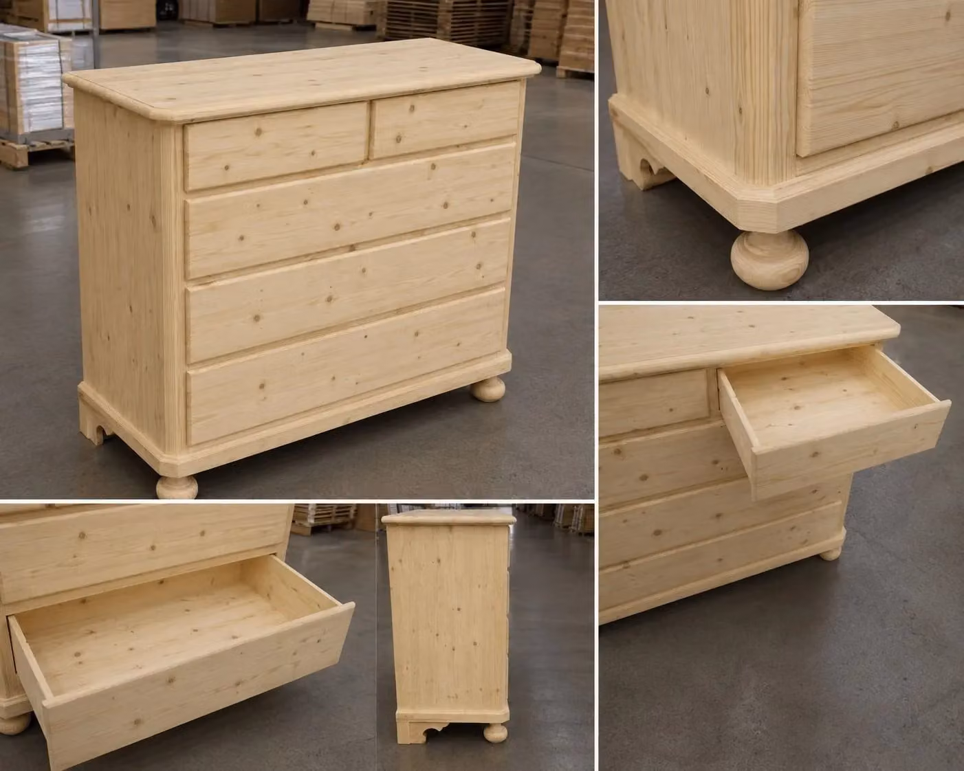 Cassettiera classica con 5 cassetti in legno massello di abete grezzo Mobili 2G L/P/H: 118 x 52 x 99 cm – 1