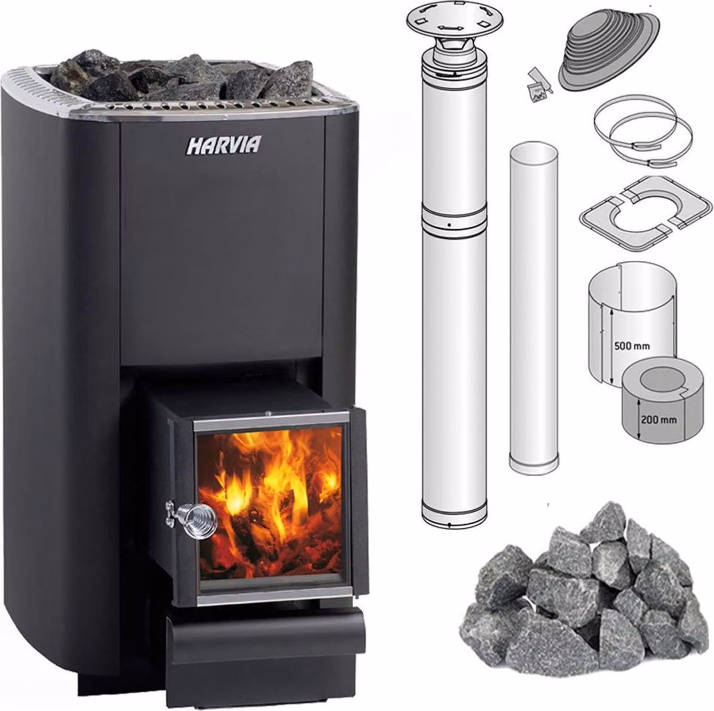 Set stufa per sauna Harvia M3 SL con pietre e sistema di canna fumaria