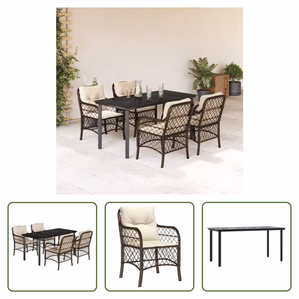 The Living Store Set da pranzo da giardino 5 pezzi con cuscini in polirattan marrone