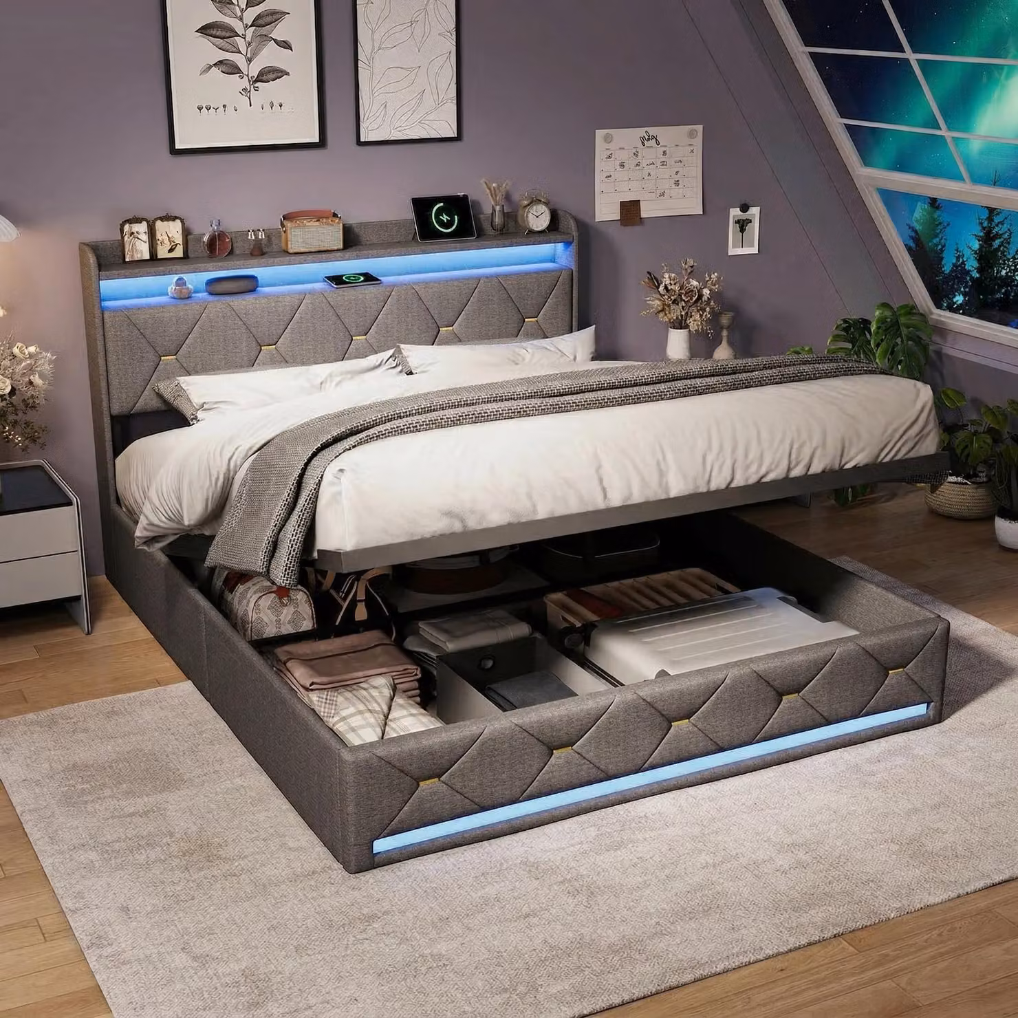 Letto imbottito ProximaX 140x200 cm con rete a doghe, letto boxspring idraulico con contenitore, letto matrimoniale con contenitore, testiera con contenitore e LED, lino, grigio