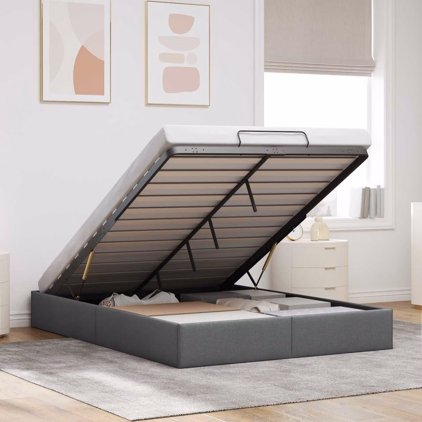 Letto ottomano moderno vidaXL in tessuto grigio con contenitore a sollevamento L: 152 cm, P: 203 cm