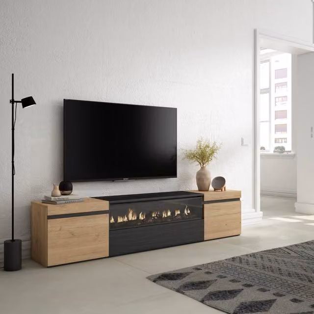 Mobile TV, 200x35x45cm, soggiorno, Per TV fino a 80", Camino elettrico, colore Rovere e nero RF2259