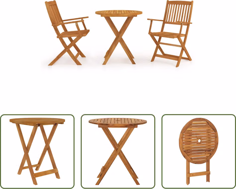 The Living Store Set da pranzo da giardino 3 pz. Set da pranzo da giardino pieghevole in legno massiccio di acacia