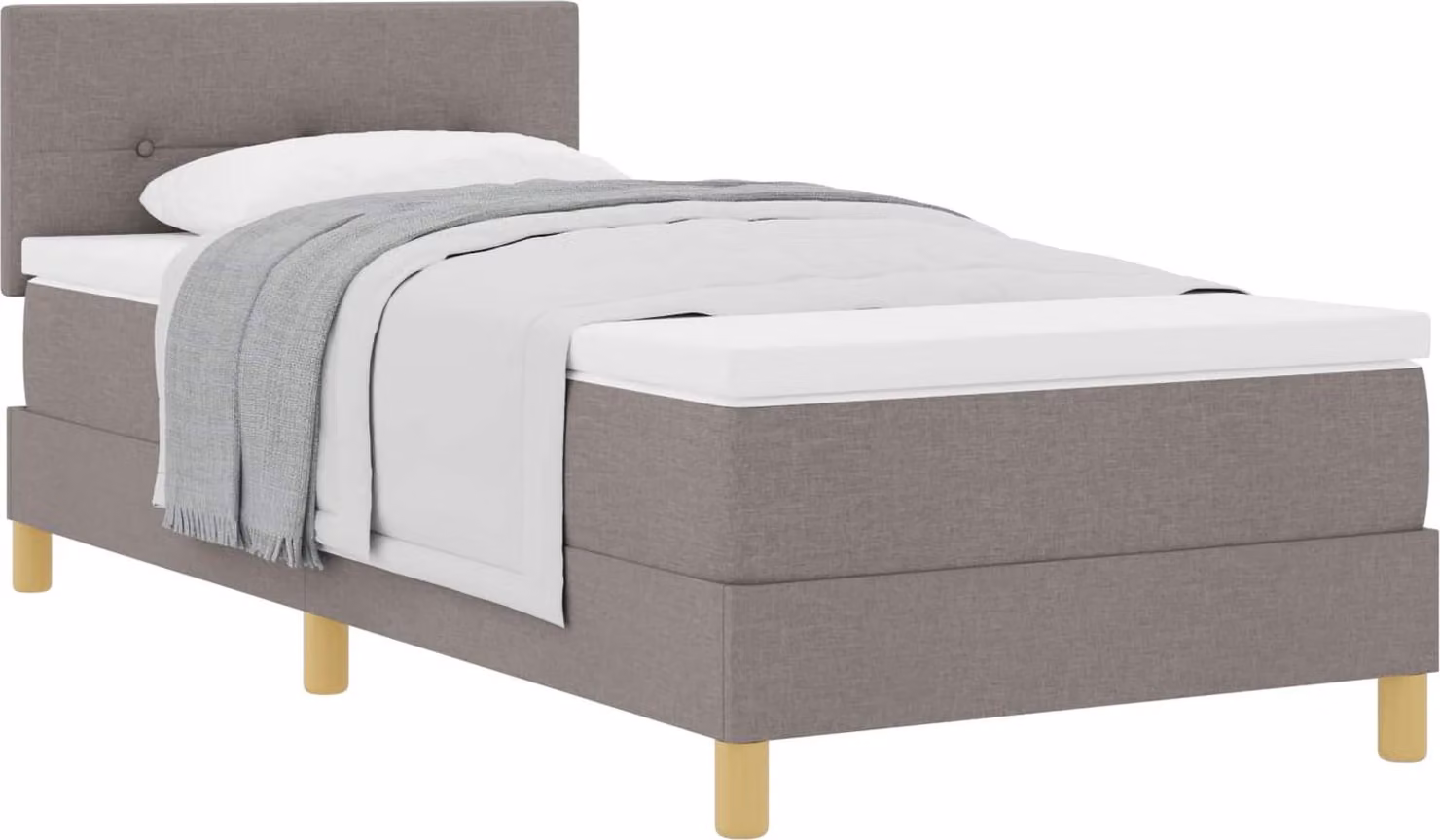 Letto imbottito con boxspring, cuscini e testiera color taupe, dimensioni 100 x 200 cm, rivestito in tessuto