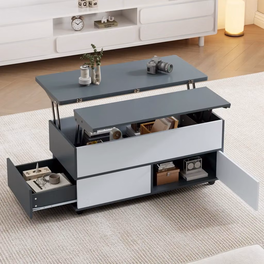 Tavolino basso alzabile MIVRAY con doppio piano idraulico, cassetto e armadio, grigio e bianco, L: 98 cm, P: 100 cm, H: 65 cm – 2