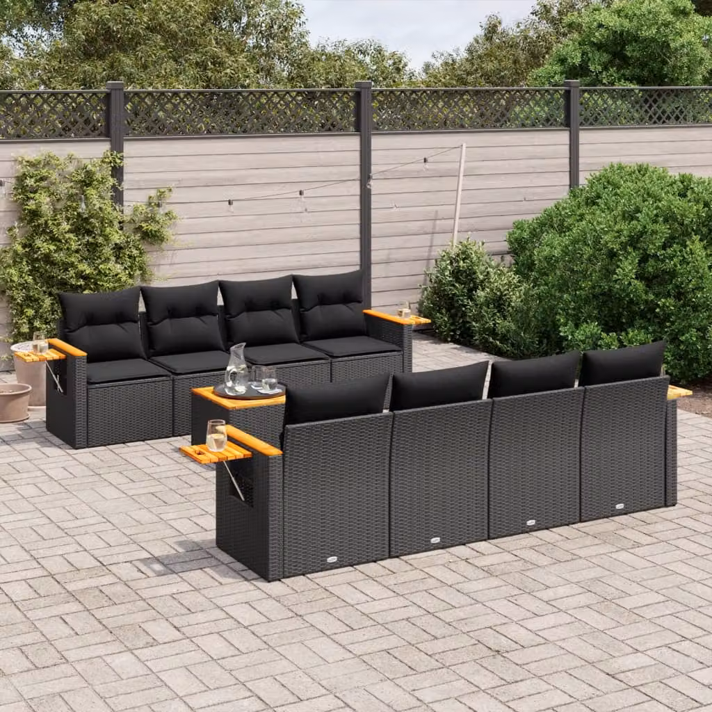 Set di divani da giardino vidaXL in polyrattan nero con cuscini e tavolino da esterno – 1