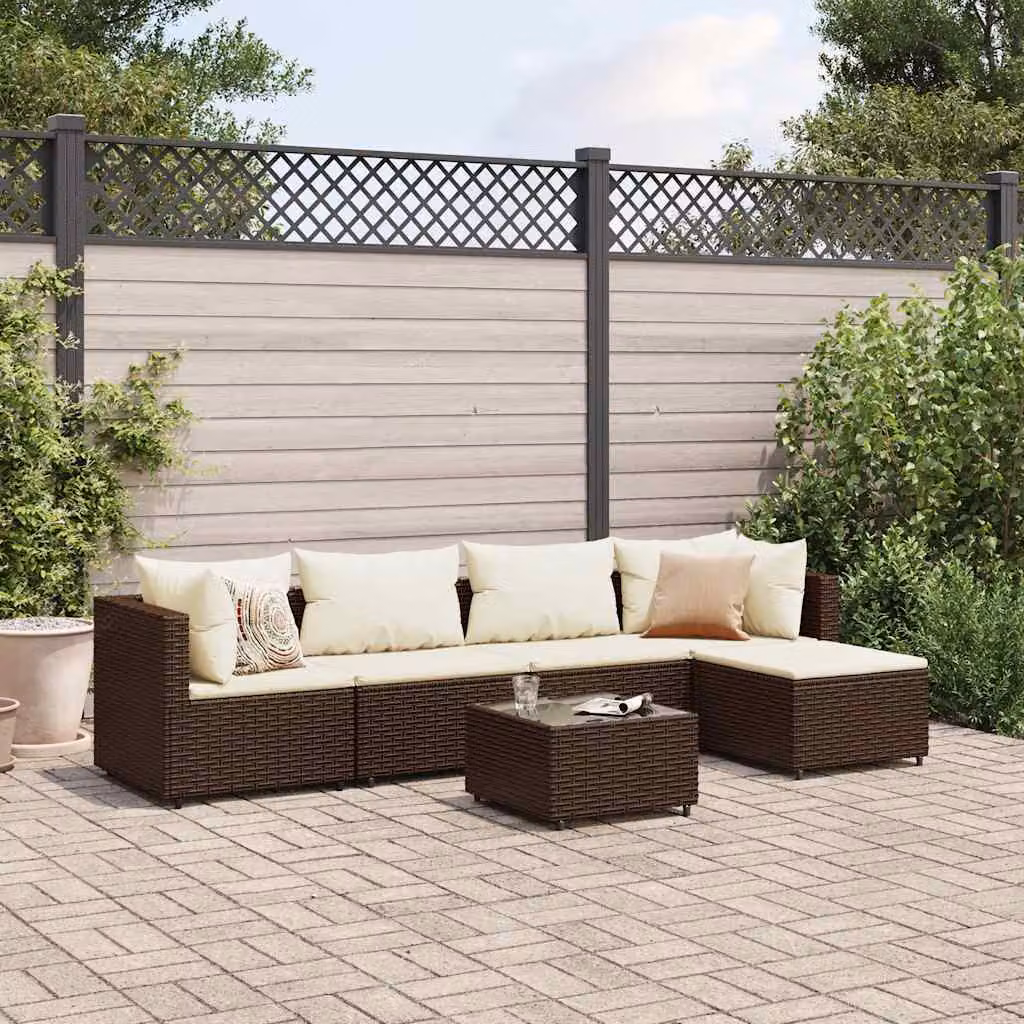 vidaXL Set di Mobili da Giardino 6pz in Polyrattan Marrone e Bianco con Cuscini e Tavolino da Caffè – 1