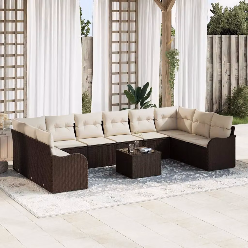 Set Divano da Giardino vidaXL in Polyrattan Marrone con Tavolino e Cuscini, L/P/H: 55 x 55 x 37 cm – 1