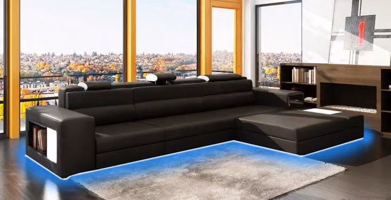 Designsofa Sofa Couch USB Polster Ecksofa Garnitur Wohnlandschaft Ledersofa LED