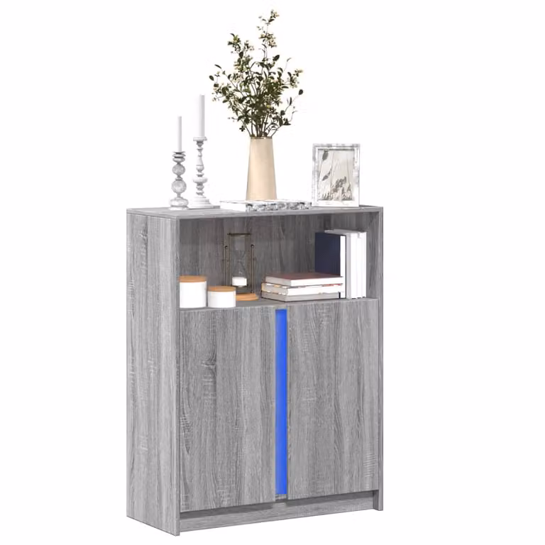 Credenza moderna vidaXL con illuminazione LED in legno multistrato e MDF, colore Grigio Sonoma, L 77 cm x P 34 cm x H 100 cm