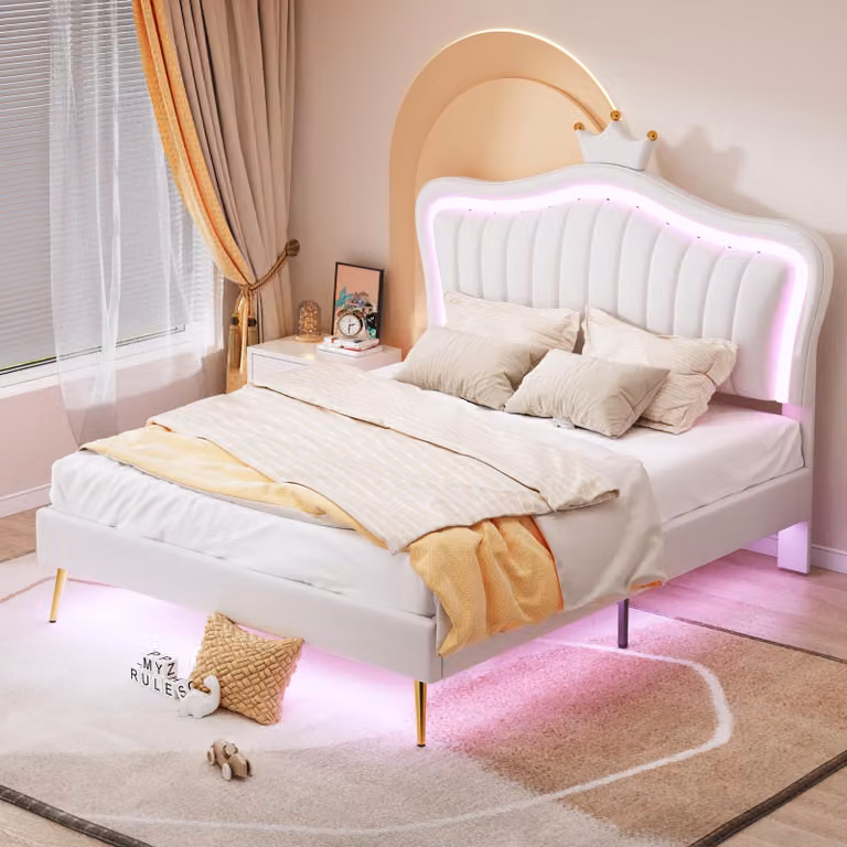Letto per bambini imbottito 140 x 200 cm, struttura letto per bambine, struttura letto matrimoniale bianca con luci LED, materasso
