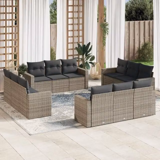Set di divani da giardino VIDAXL in polyrattan grigio con cuscini, 12 pezzi – 1