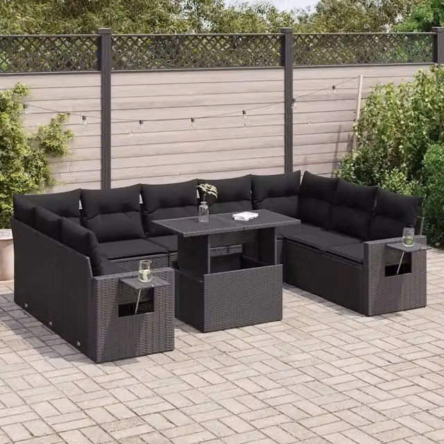 Set da giardino componibile vidaXL in rattan nero con cuscini e tavolino da esterno
