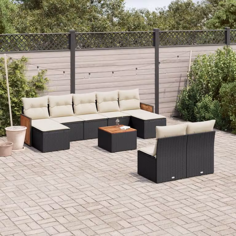 Set di divani da giardino vidaXL a forma di U composto da 10 pezzi con cuscini, tavolino da caffè e pouf in polyrattan nero e bianco