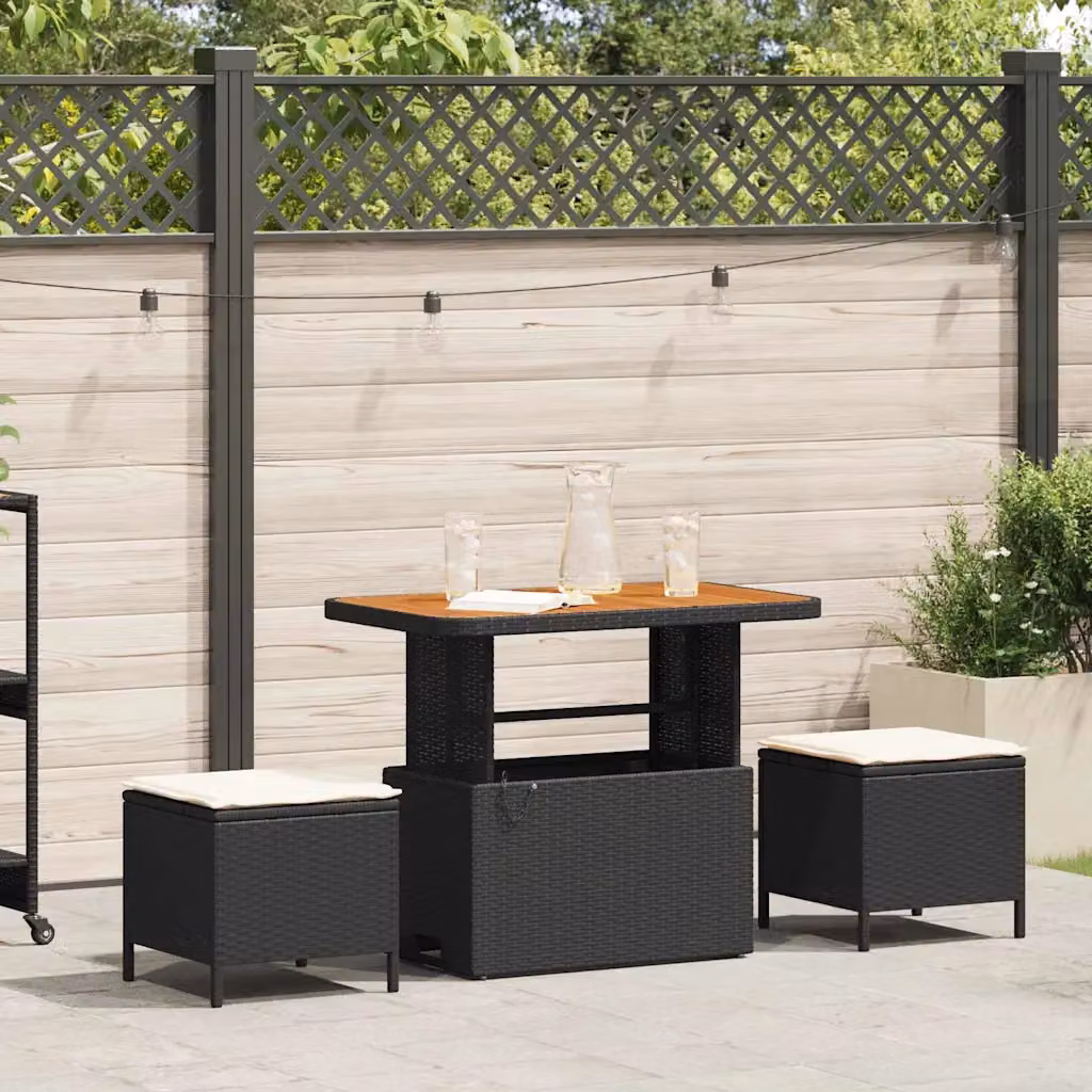 Set da pranzo per giardino e terrazzo vidaXL in polyrattan e legno di acacia, 3 pezzi, nero e beige